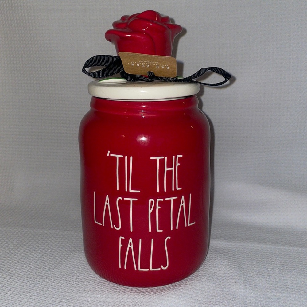 Rae Dunn Red 'Til The Last Petal Falls Ceramic Jar with Rose Lid